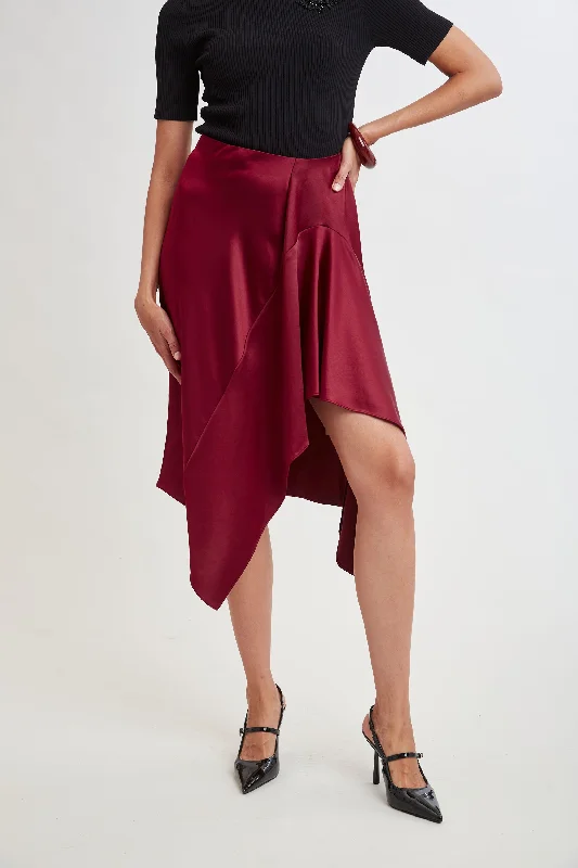 Asymmetric Hem Satin Midi Skirt