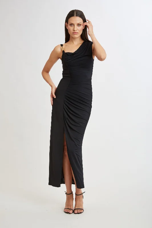 Chain Detail Asymmetric Matte Jersey Dress