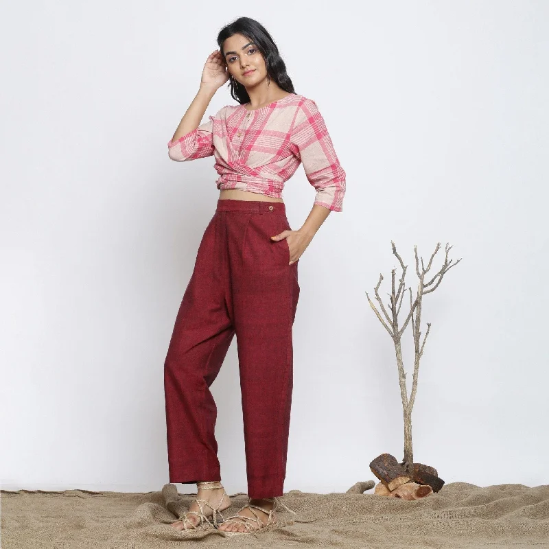 Maroon Handspun Cotton Banded Mid-Rise Pant