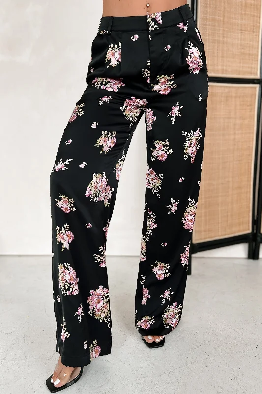 Positively Charming High Waisted Satin Floral Pants (Black)