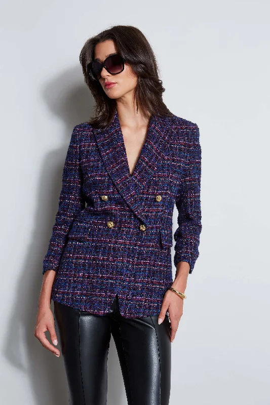 Tweed Ruched Sleeve Double Breasted Blazer