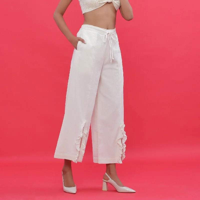 White Warm Cotton Corduroy Wide Legged Slit Pant