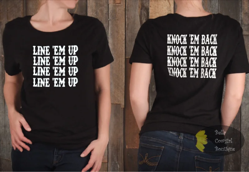 Line 'Em Up Knock 'Em Back Whiskey Glasses Country Music Front And Back Women's T-Shirt