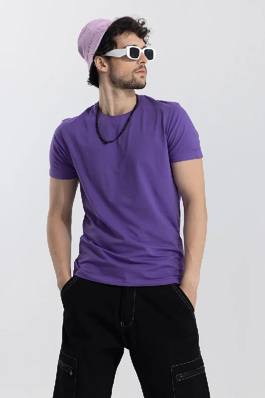 Purple Solid 4 Way Stretch Crew Neck T-Shirt