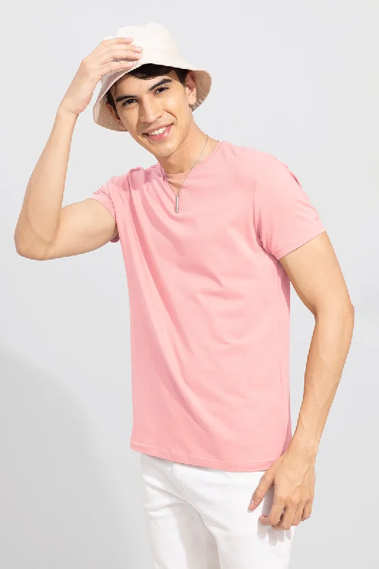 Rose Pink Solid 4 Way Stretch Crew Neck T-Shirt