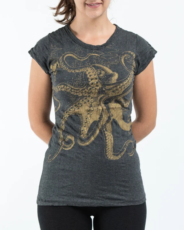 Womens Octopus T-Shirt in Gold on Black