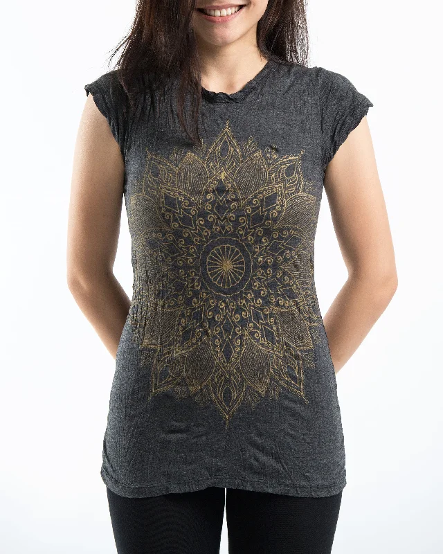 Womens Lotus Mandala T-Shirt in Gold on Black