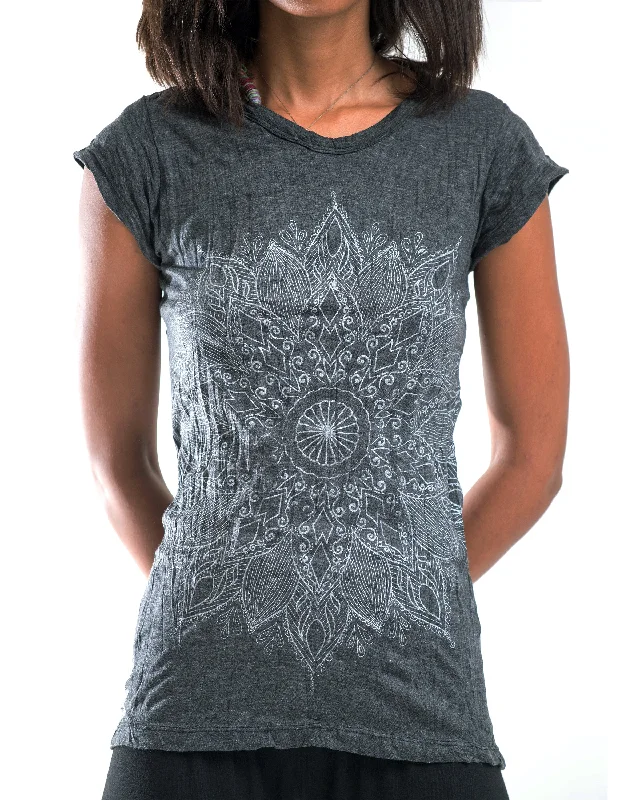 Womens Lotus Mandala T-Shirt in Silver On Black