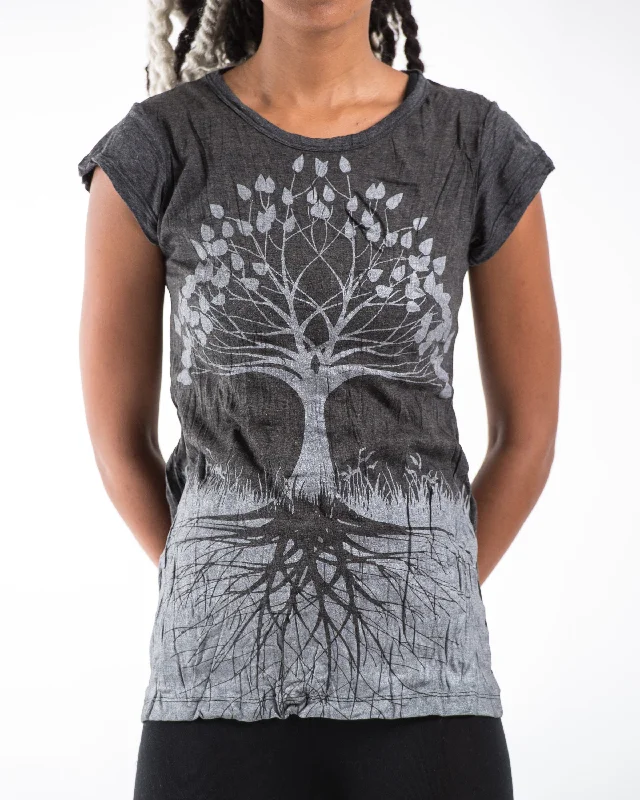 Womens Tree of Life T-Shirt in Silver on Black