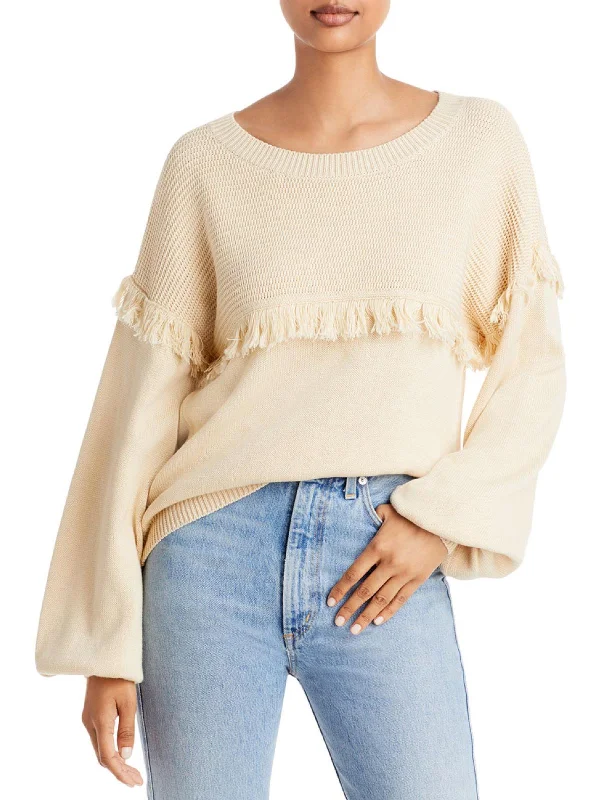 Angelina Womens Fringe Knit Crewneck Sweater