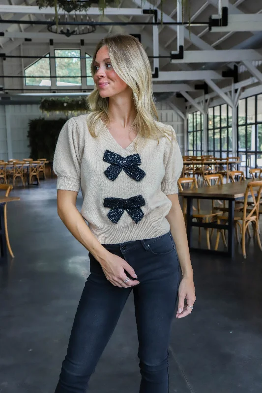 Aniya Bow Front V-Neck Sweater, Toast