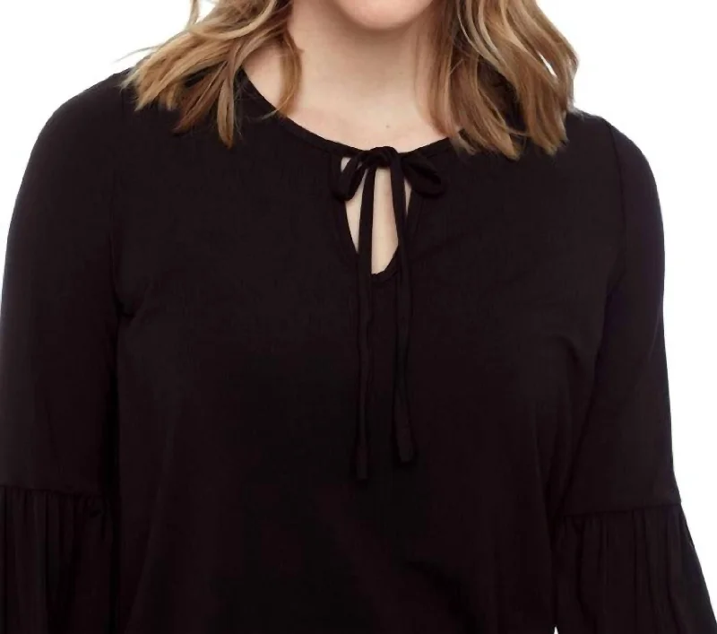 Bamboo Knit Long Sleeve Tie Neck Top In Black