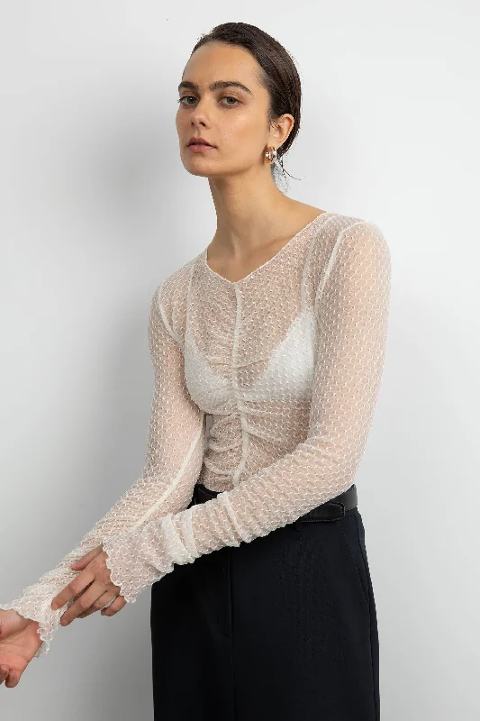 SHEER MESH RUCHED LONG SLEEVE TOP