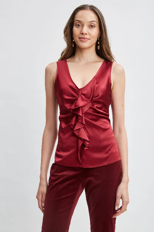 Silk Satin Sleeveless Ruffle Top