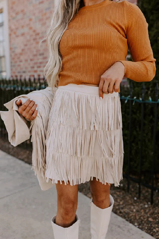 Boho Flow Faux Suede Fringe Skirt in Cream