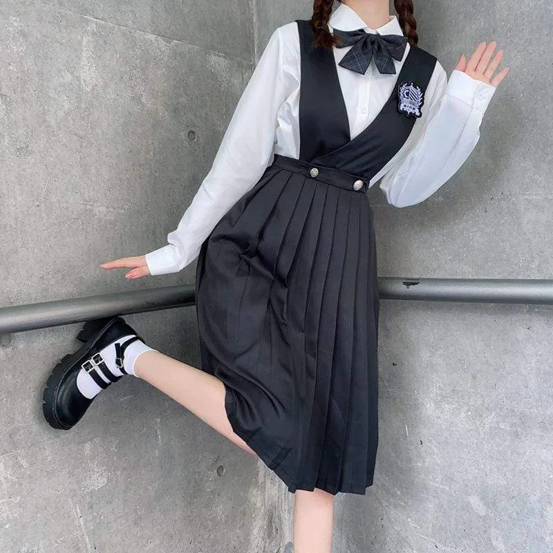 Women's Badge Pleated Overall Dresses Suspender Skirts