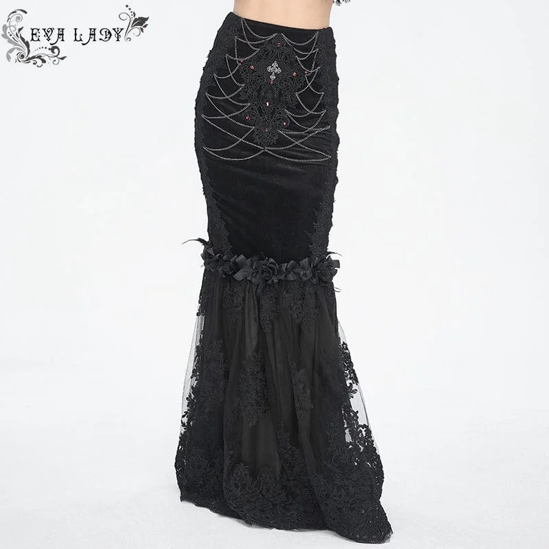 Women's Gothic Floral Embroidered Lace Splice Black Fishtail Skirt