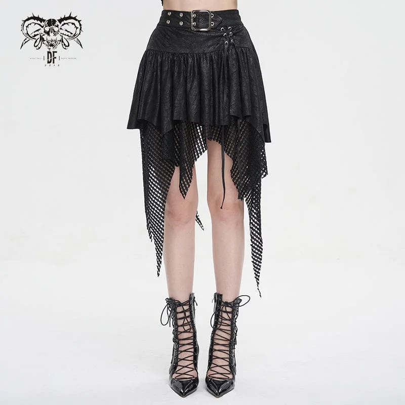 Women's Gothic Irregular Mesh Splice Buckle Skirt Black