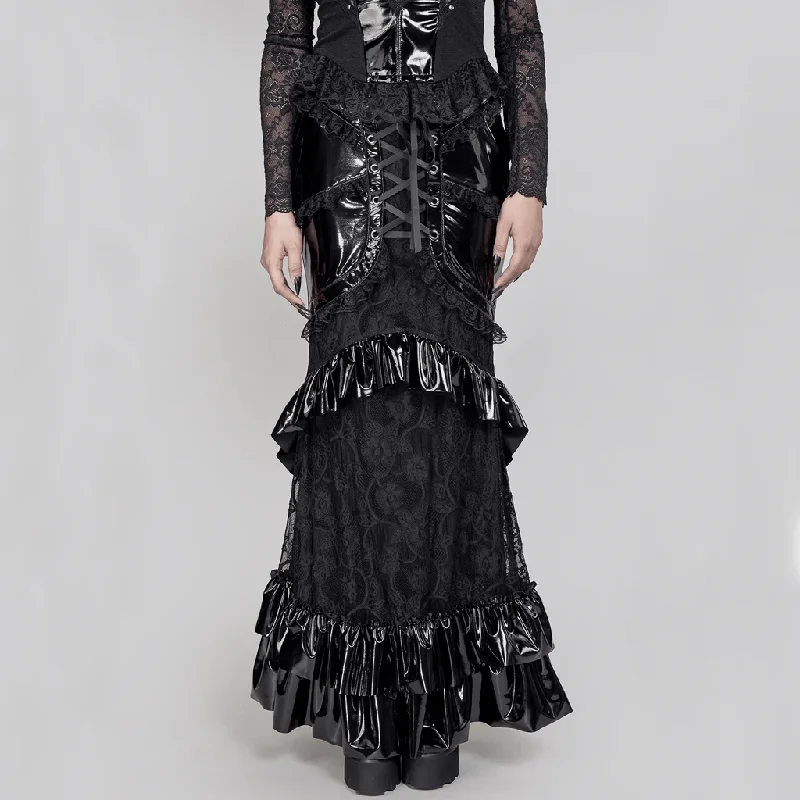 Women's Gothic Ruffled Lace Splice Patent Leather Fishtail Skirt