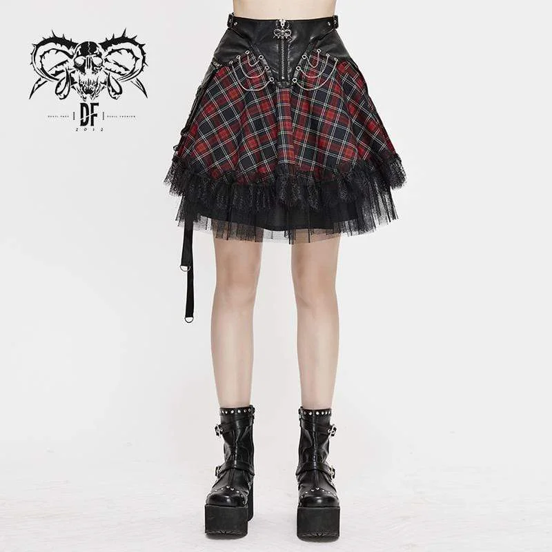 Women's Gothic Strappy Mesh Plaid Skirts With Chains