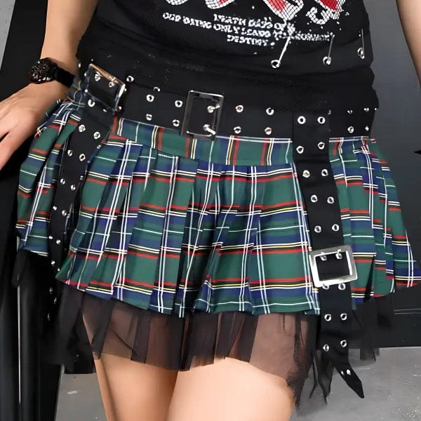 Women's Grunge Eyelet Buckled Plaid Pleated Skirt Green