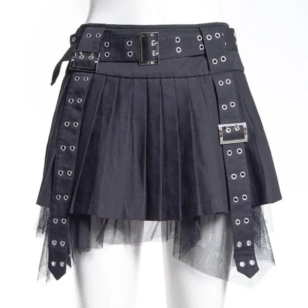 Women's Punk Eyelet Buckled Pleated Skirt