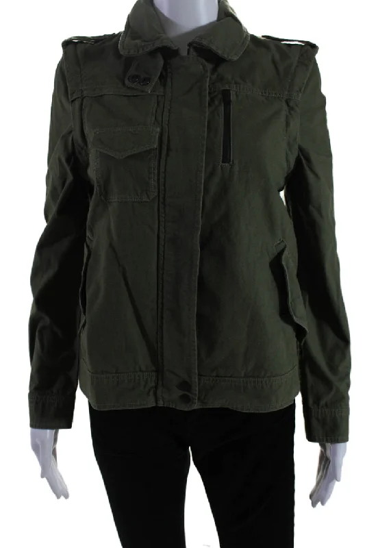 Aether Womens Cotton Textured Zip Lined Collar Button Jacket Army Green