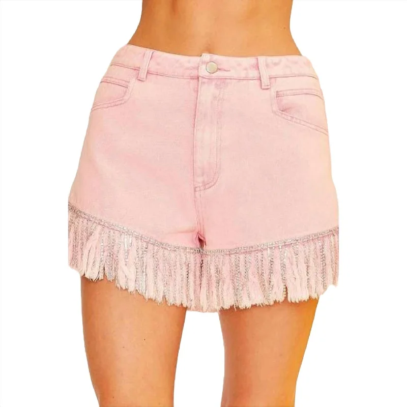 Frayed Rhinestone Denim Shorts In Pink