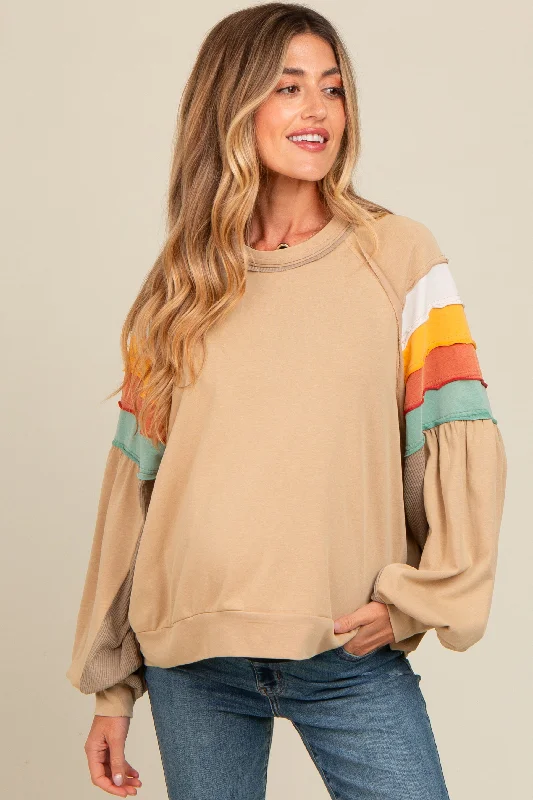 Beige Colorblock Bubble Sleeve Maternity Pullover