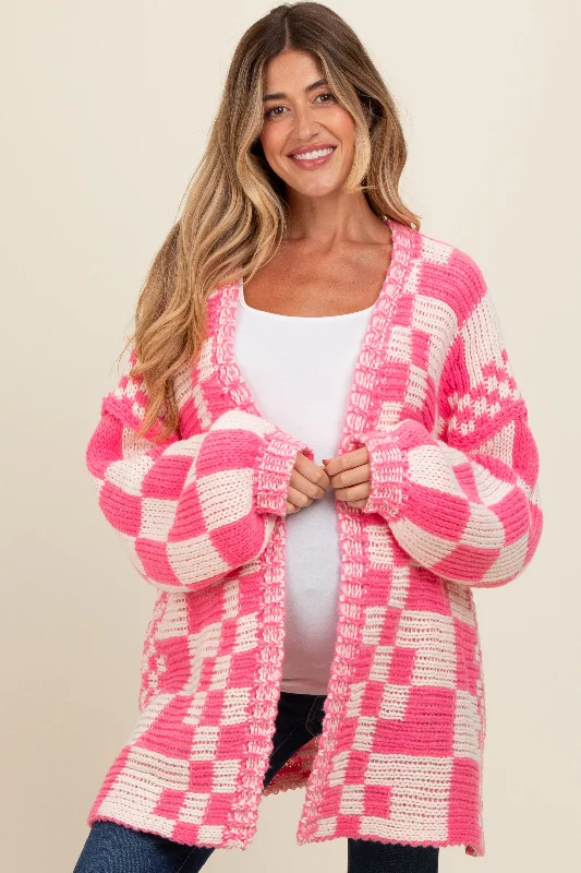 Fuchsia Mixed Check Pattern Chunky Maternity Cardigan