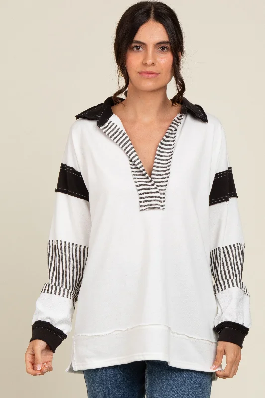 Ivory Striped Colorblock Collared Pullover Top