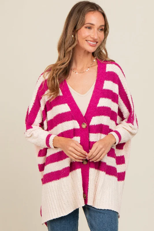 Magenta Textured Knit Striped Oversized Cardigan