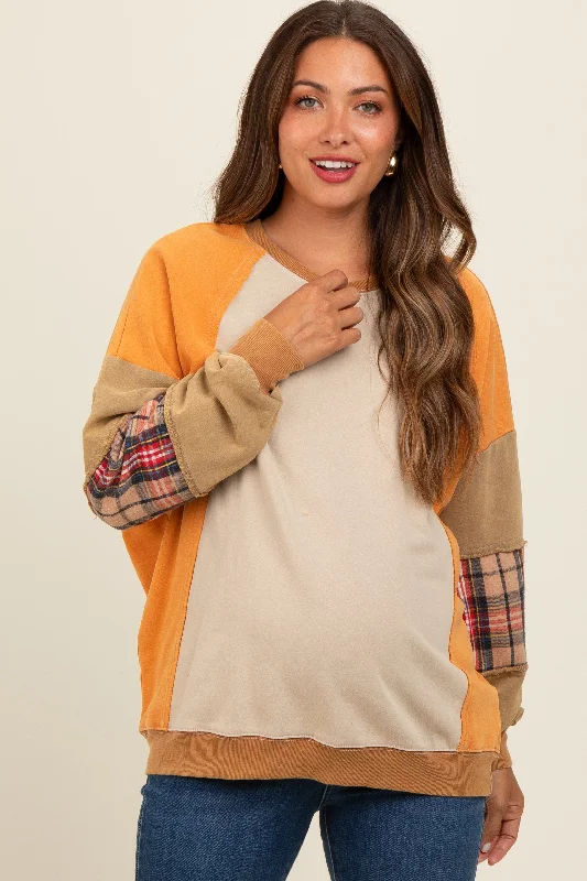 Peach Colorblock Plaid Dolman Sleeve Maternity Pullover