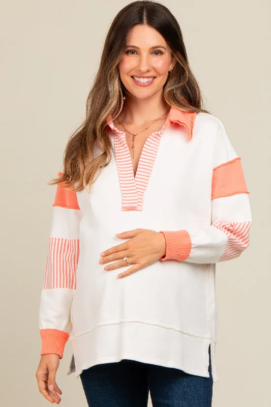 Salmon Striped Colorblock Maternity Polo Top