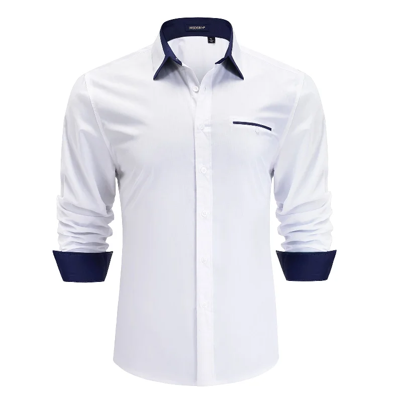 Men's White Dress Shirt with Contrast Navy Collar