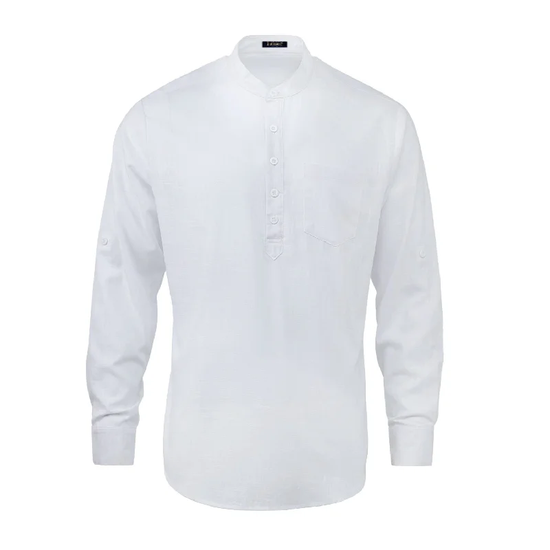 Men‘s Henley Shirt  Cotton Linen with Pocket - WHITE