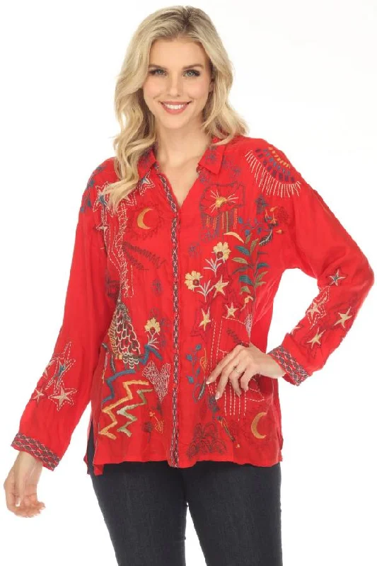 Johnny Was Biya Red Julez Embroidered Button Front Blouse Boho Chic B12523