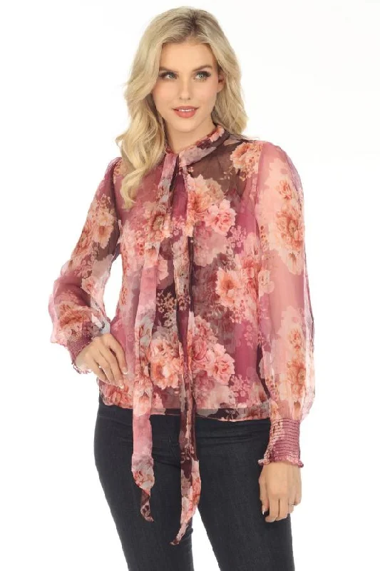 Johnny Was Carina Silk Floral Pussy Bow Long Sleeve Blouse Boho Chic R18823