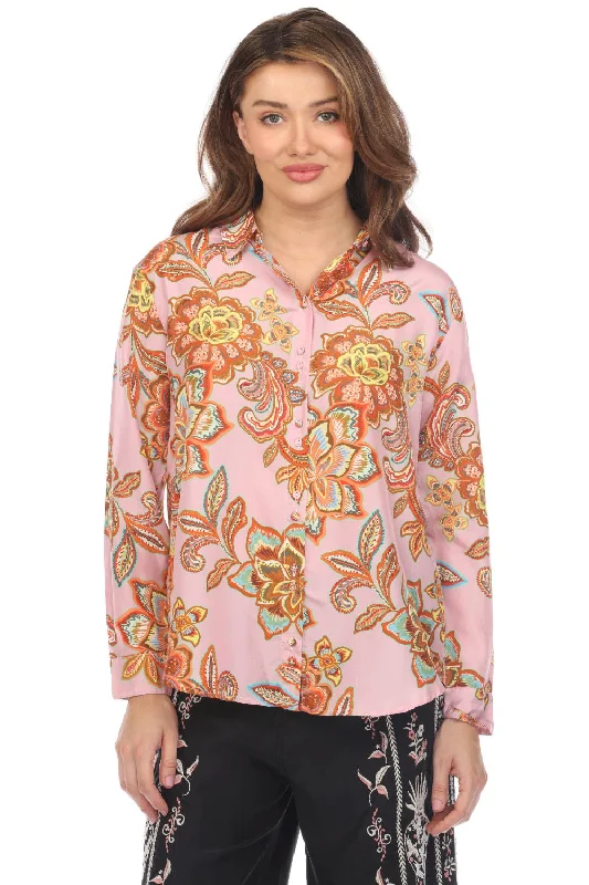 Johnny Was Workshop Pink Silk Floral Double Button Shirt Boho Chic W11424