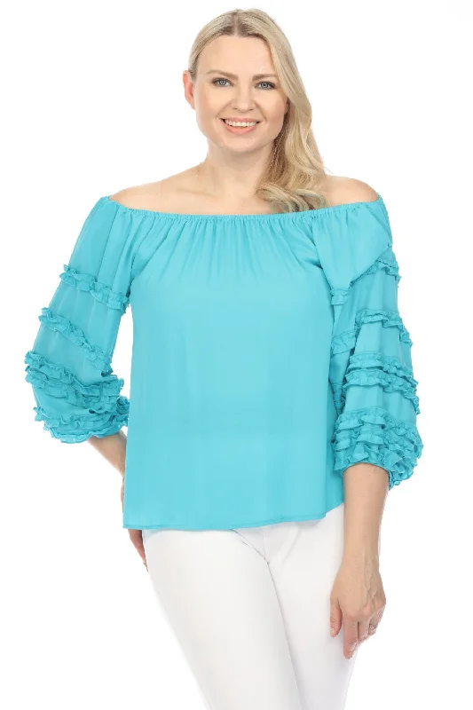 Joseph Ribkoff Aquamarine Off-Shoulder Ruffled 3/4 Puff Sleeve Top 242127