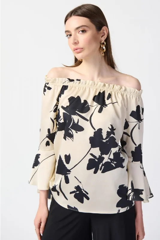 Joseph Ribkoff Beige/Black Floral Print Off-Shoulder Bell Sleeve Satin Top 241022