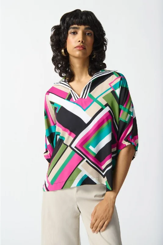 Joseph Ribkoff Black/Multi Geometric Print Puff Sleeve Top 242176