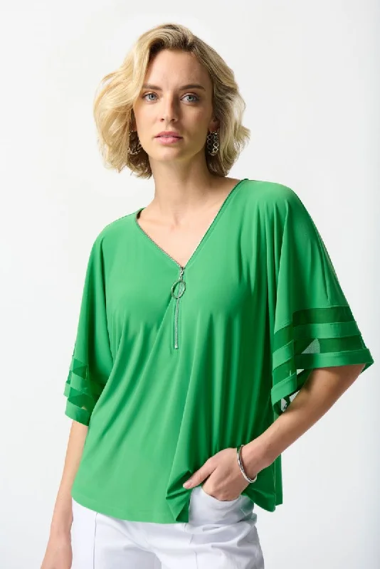 Joseph Ribkoff Island Green Mesh Insert Dolman Sleeve Zip Front Top 242129