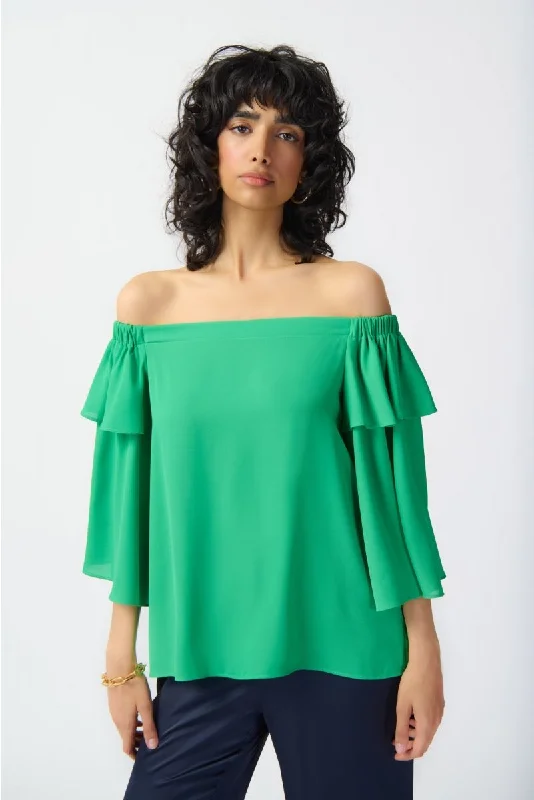 Joseph Ribkoff Island Green Off-Shoulder Tiered Flutter Sleeve Top 241305