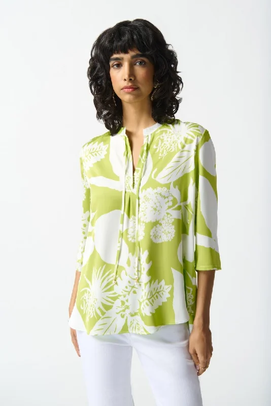 Joseph Ribkoff Key Lime/Vanilla Mandarin Collared 3/4 Sleeve Boxy Top 242184