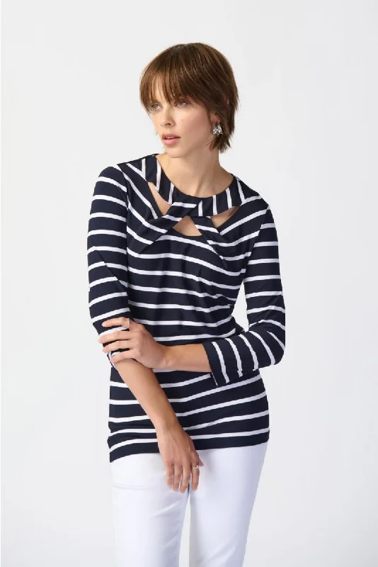 Joseph Ribkoff Midnight Blue/Vanilla Striped Cutout Detail 3/4 Sleeve Top 241087