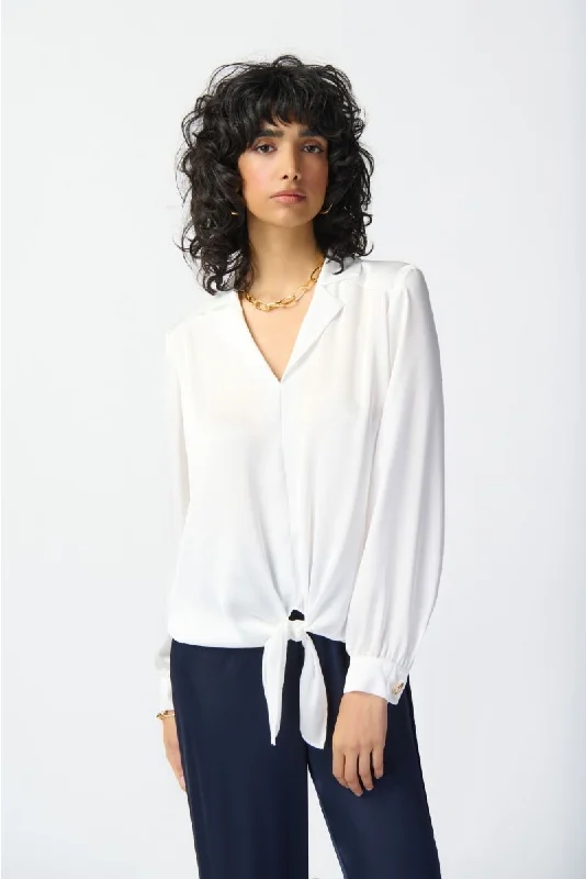 Joseph Ribkoff Tie-Front Long Puff Sleeve Satin Blouse 241214