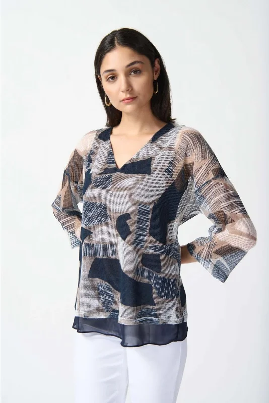 Joseph Ribkoff Vanilla/Multi Geometric Print Mesh Overlay V-Neck Top 242200