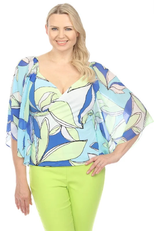 Joseph Ribkoff Vanilla/Multi Leaf Print Chiffon Butterfly Sleeve Top 242065