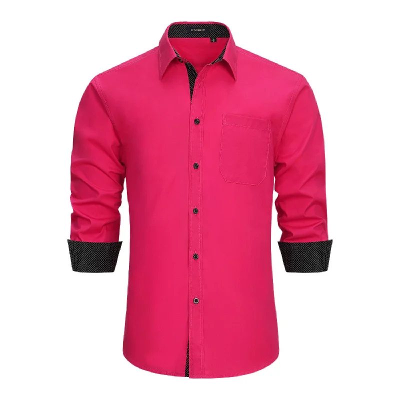 Men's Patchwork Dress Shirt with Pocket - HOT PINK